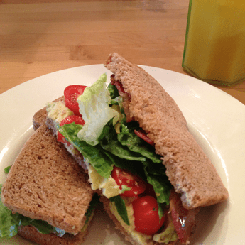 I was taking a picture for something else and didn't remember I was going to be putting it up here on snapshotmeals.com. So, I apologize for it not being centered. This way, you can see that I had 100% OJ on the side!